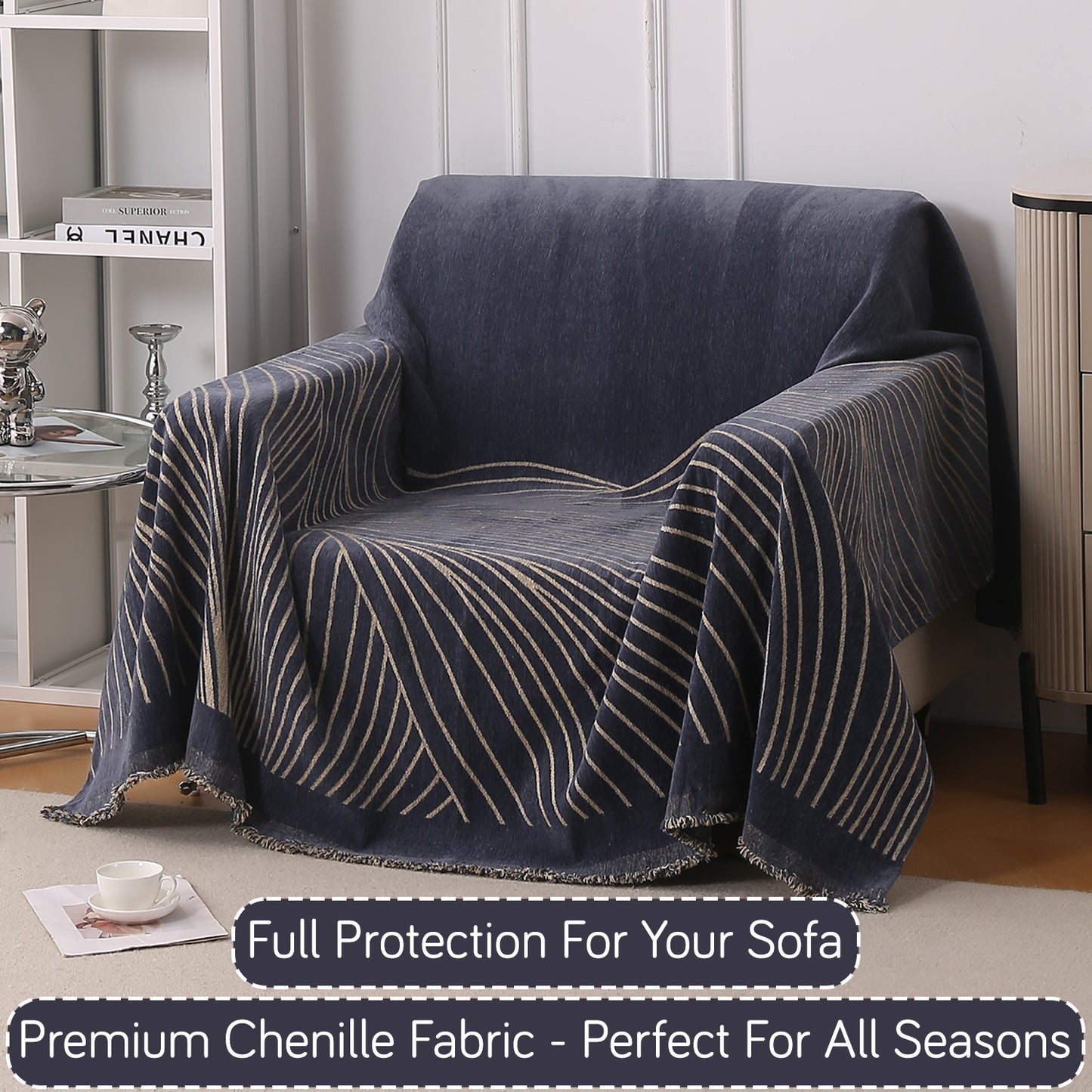 WaveLoom Collection Printed Chenille Sofa Cover Throw Blanket, Dark Grey