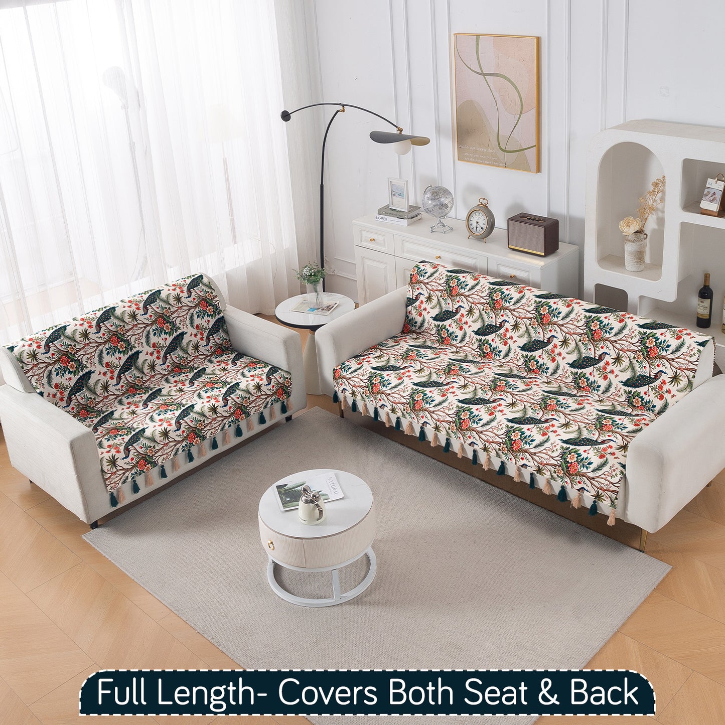 'Whispers of Nature' Series Holland Velvet Sofa Cover with Tassel, Multicolor Tropical Peacock