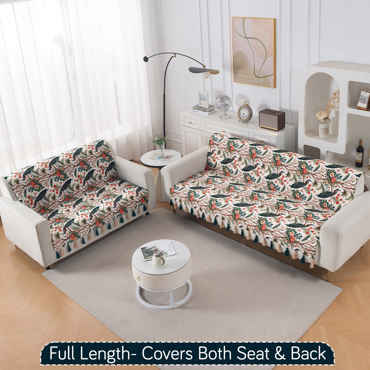 'Whispers of Nature' Series Holland Velvet Sofa Cover with Tassel, Multicolor Tropical Peacock