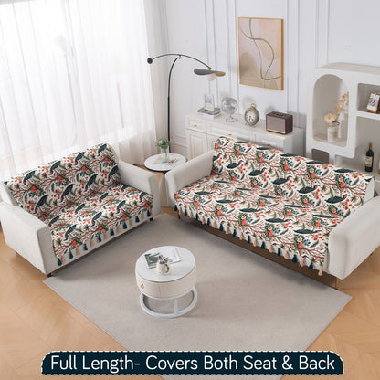 'Whispers of Nature' Series Holland Velvet Sofa Cover with Tassel, Multicolor Tropical Peacock