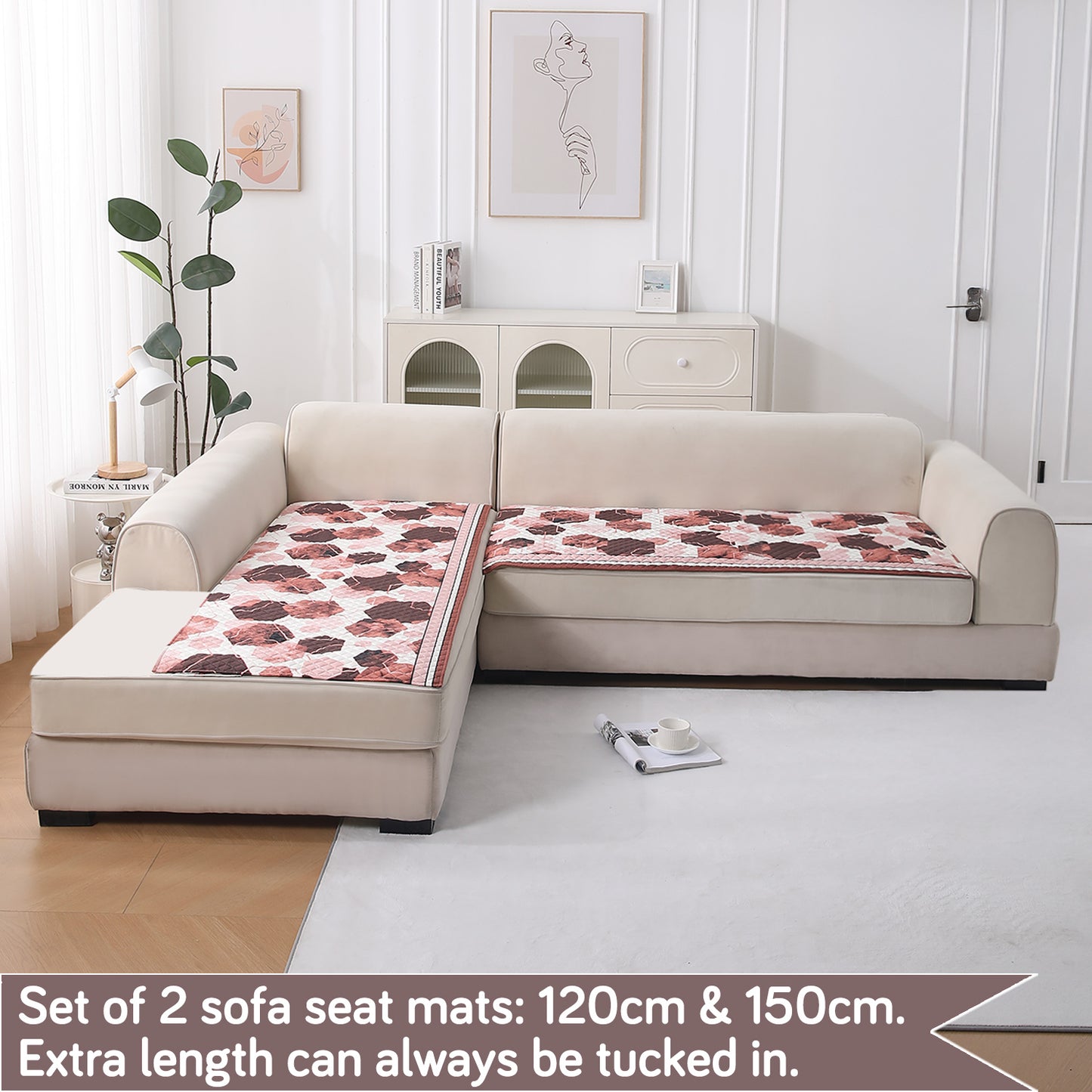 LiefNest Printed Holland Velvet L Shape Sofa Seat Mat with Foam Filling - Geometric Hexagon Cider Red