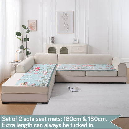 LiefNest Printed Holland Velvet L Shape Sofa Seat Mat with Foam Filling - Fresh Floral Pastel Blue