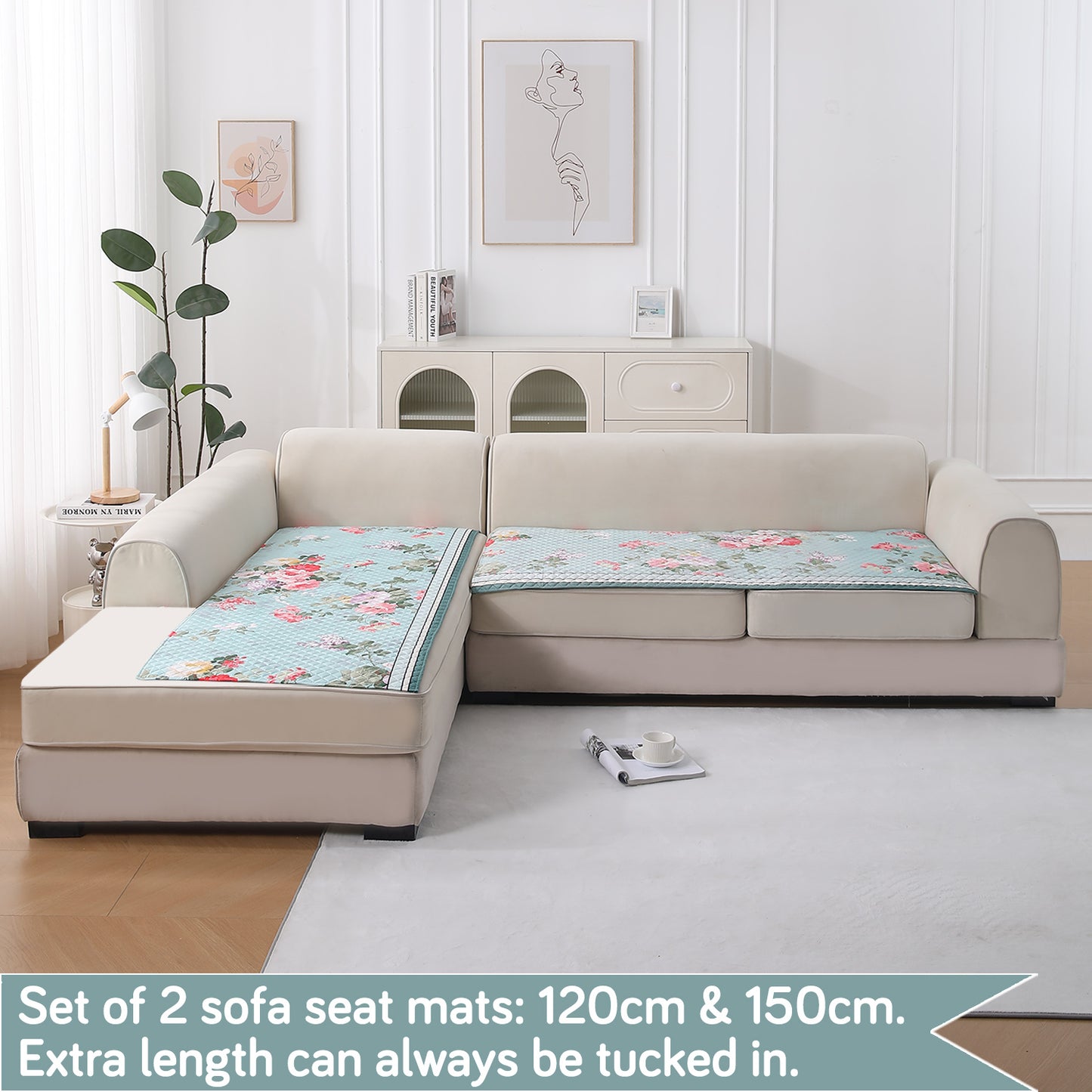 LiefNest Printed Holland Velvet L Shape Sofa Seat Mat with Foam Filling - Fresh Floral Pastel Blue