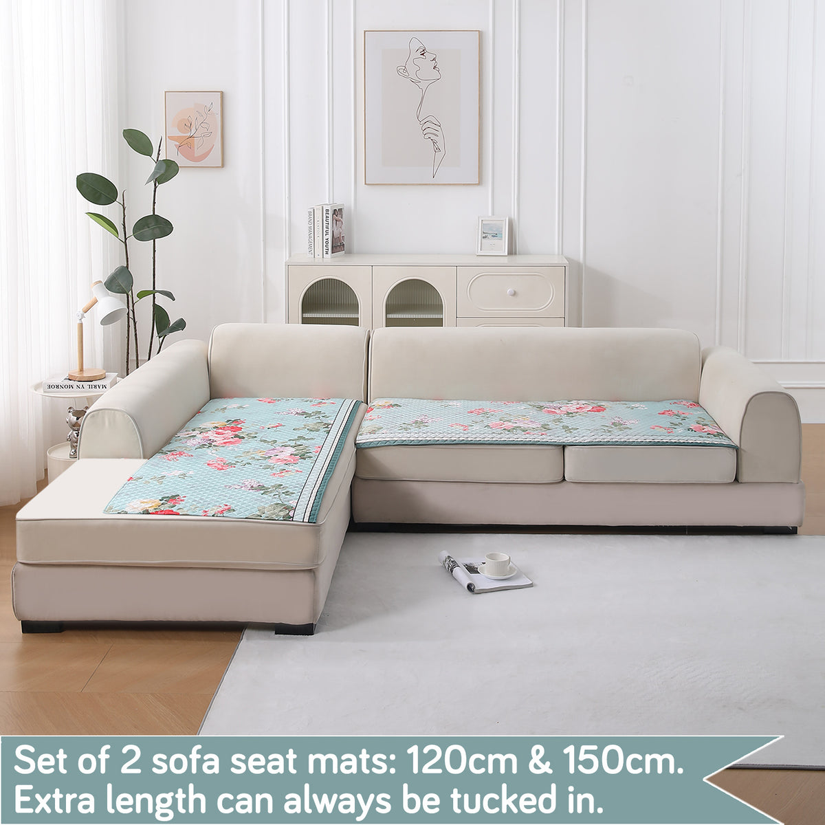 LiefNest Printed Holland Velvet L Shape Sofa Seat Mat with Foam Filling - Fresh Floral Pastel Blue