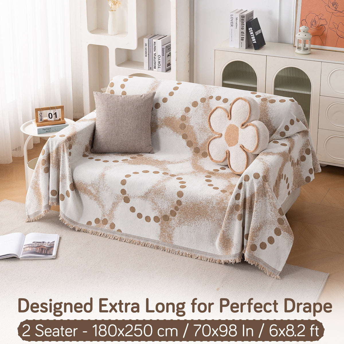 Premium 320 GSM Chenille Sofa Cover Throw All Season 'Serene Abode Series', Latte Dotted Wave
