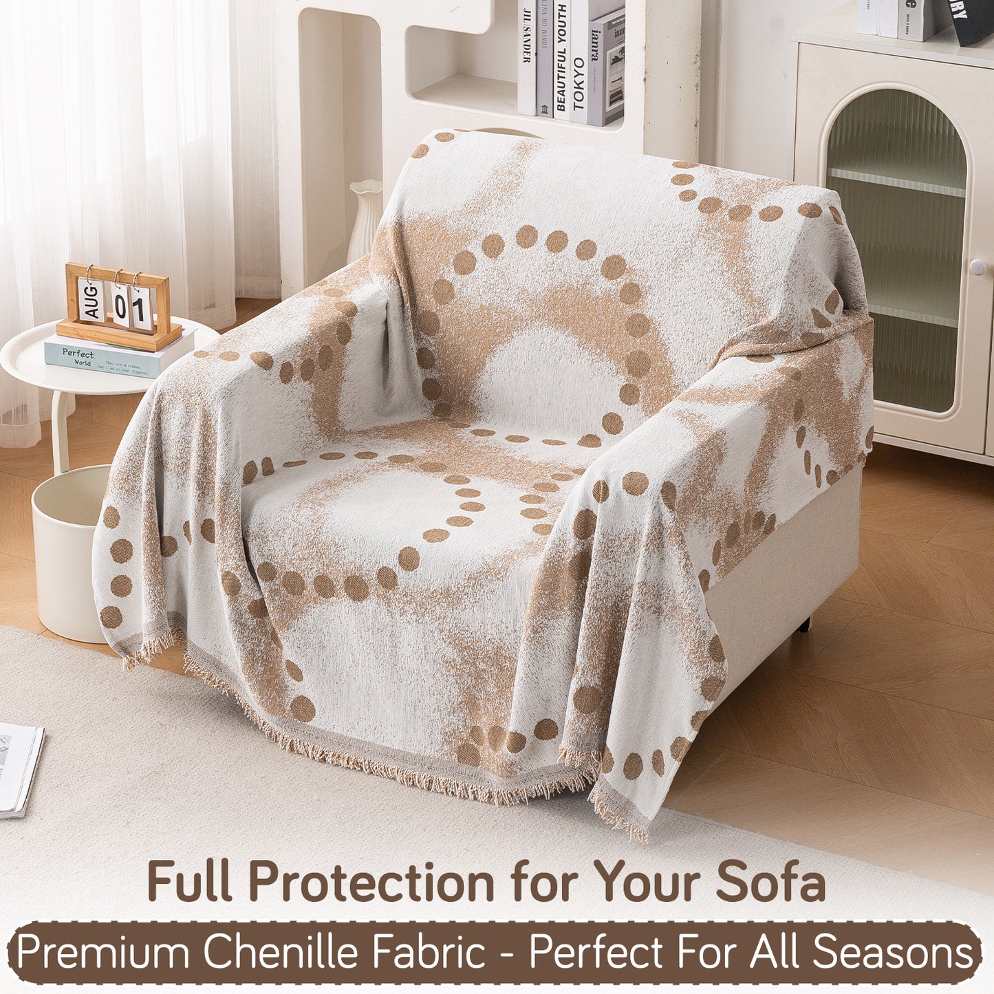 HOKIPO Premium 320 GSM Chenille Sofa Cover All Season 'Serene Abode Series', Latte Dotted Wave