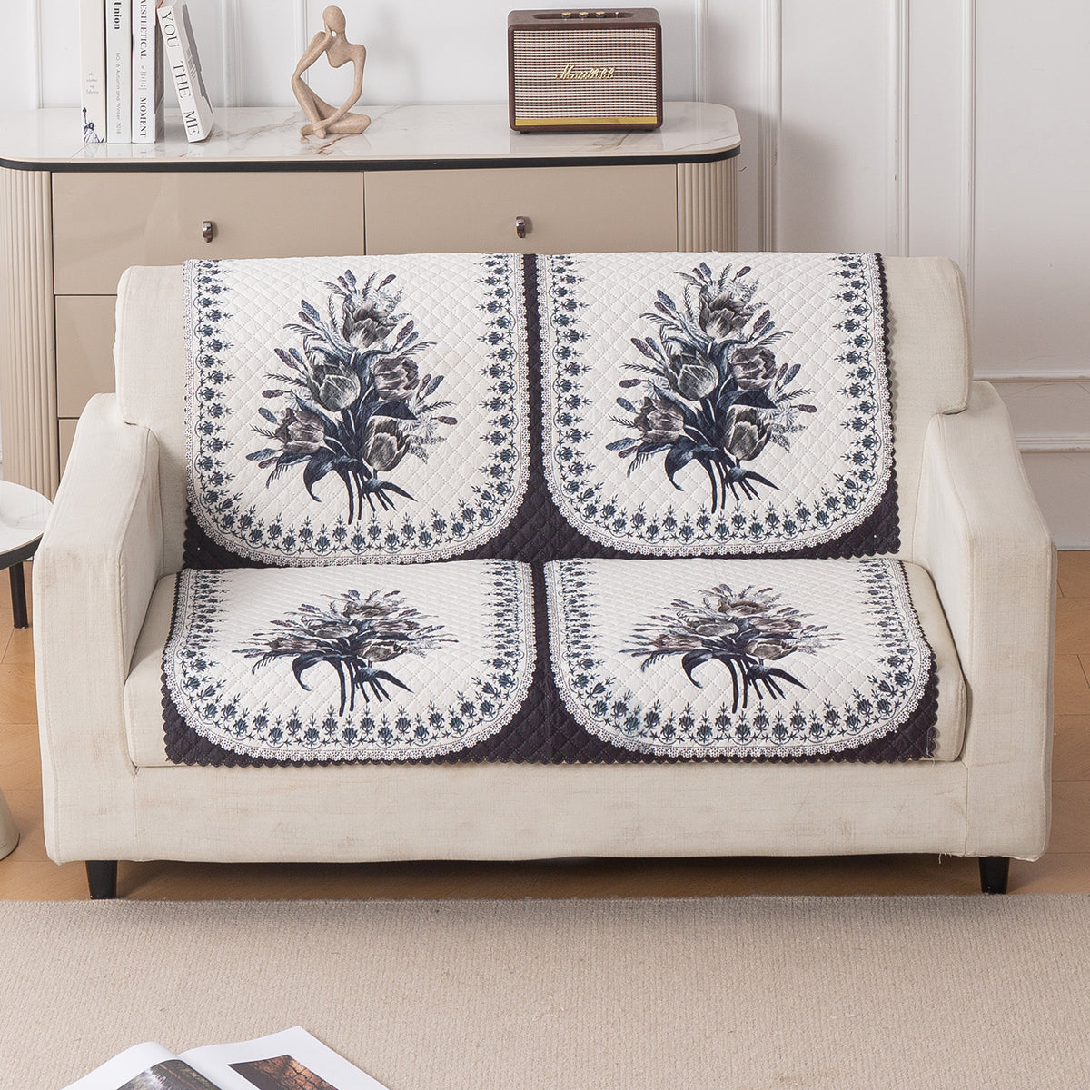 LoomVerse Quilted Sofa Cover Set Washable Sofa Panel for Seat & Back - Midnight Bloom