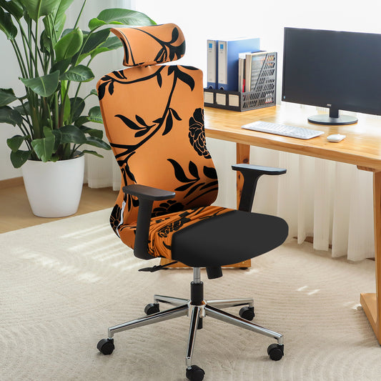 Printed Office Chair Cover with Headrest (High-Back) – 140 GSM Stretch Fabric – Washable, Anti-Slip Fit for Ergonomic Mesh Office Chairs, Copper Brown Floral