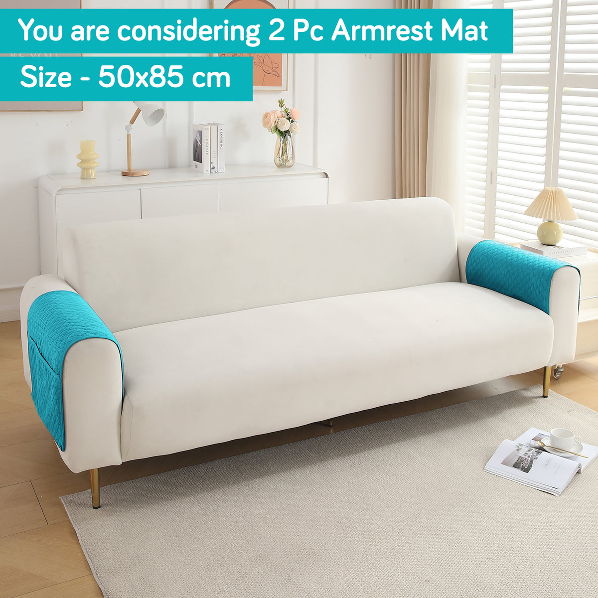 2 Pcs Quilted Sofa Armrest Cover, Teal