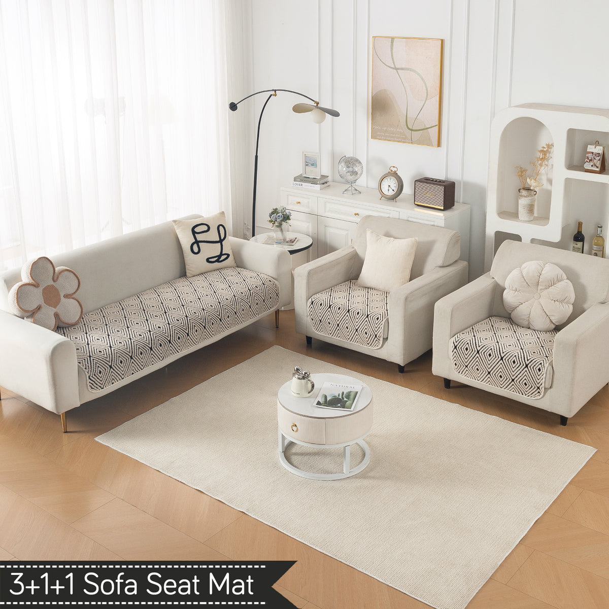 Luxury Plush Sherpa Anti Slip Combination Sofa Mat, 'Noirea Series'|Geometric Diamond