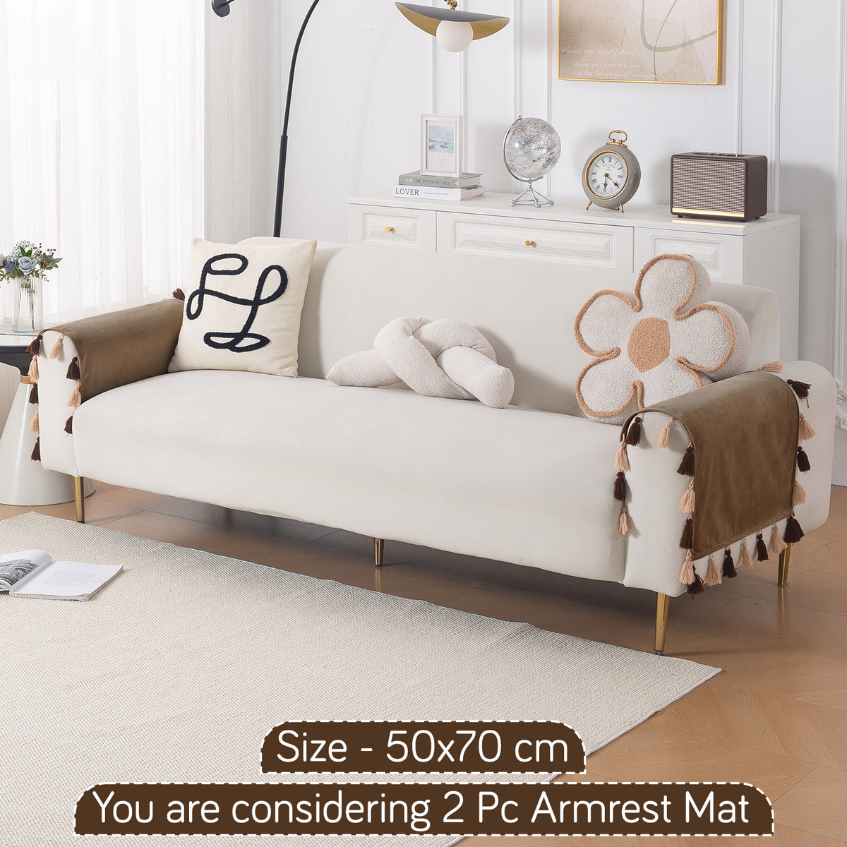 Tassel Tone Holland Velvet Sofa Cover Mat, Warm Taupe