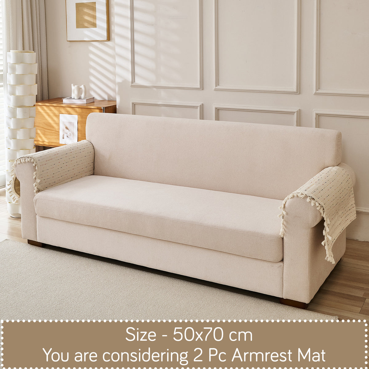DreamWave Chenille with Tassels Sofa Cover Mat, Latte Beige