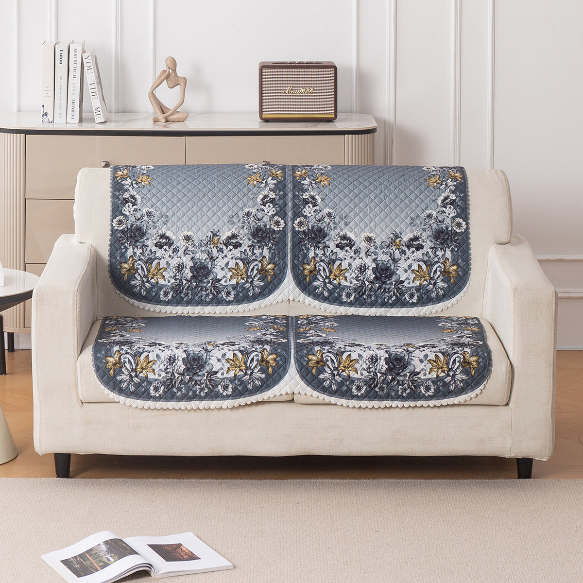 LoomVerse Quilted Sofa Cover Set Washable Sofa Panel for Seat & Back - Blue Belle