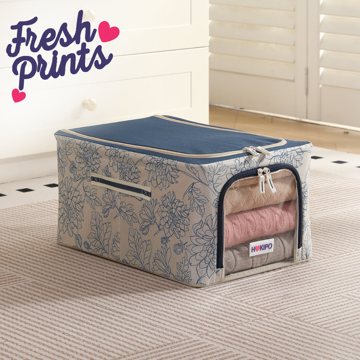 Foldable Cloth Storage Organizer for Wardrobe, Blue Blossom