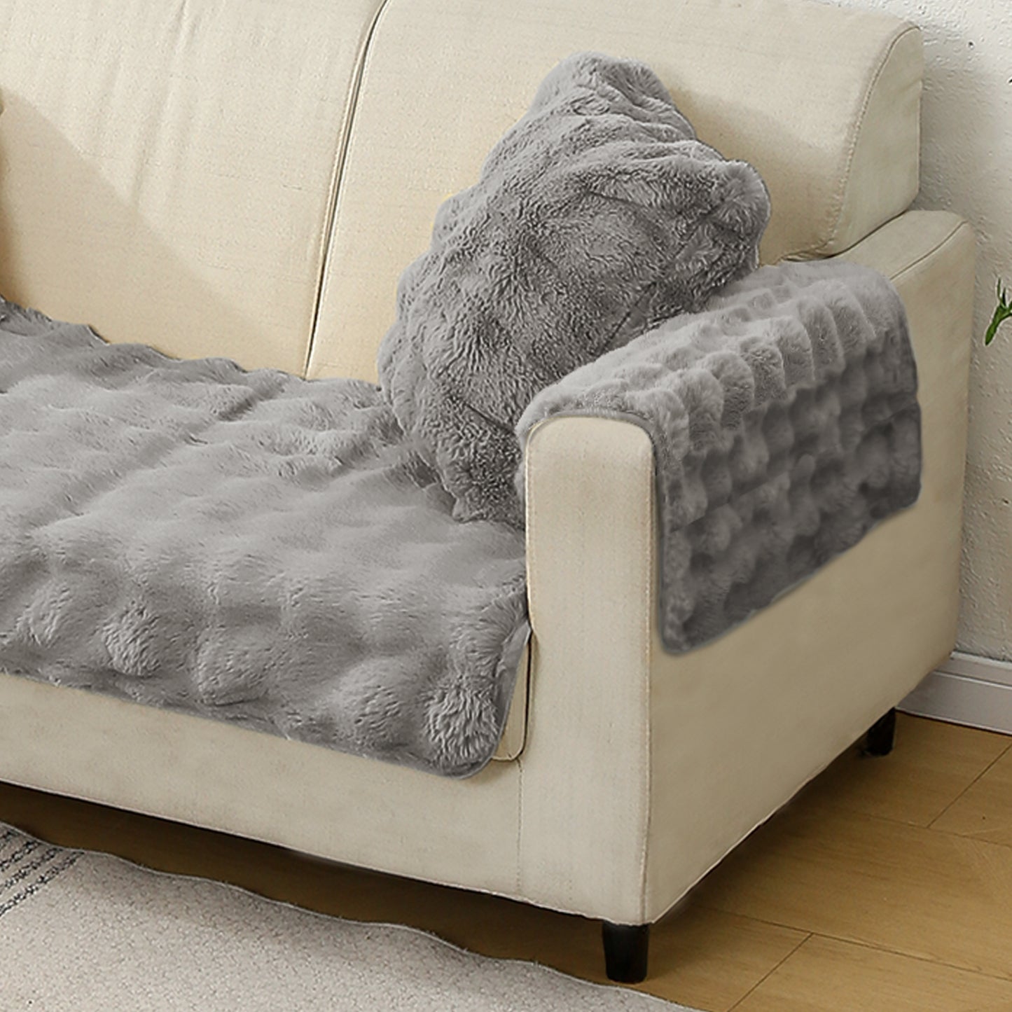 Premium Faux Rabbit Fur Anti Slip Sofa Cover Mat with 2 Armrest Cover, Cool Grey