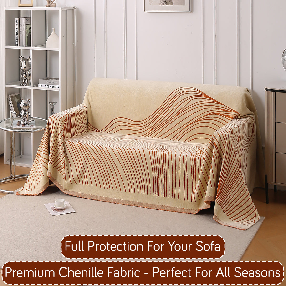 Buy Orange Colour WaveLoom Chenille 2 Seater Sofa Throw | HOKIPO