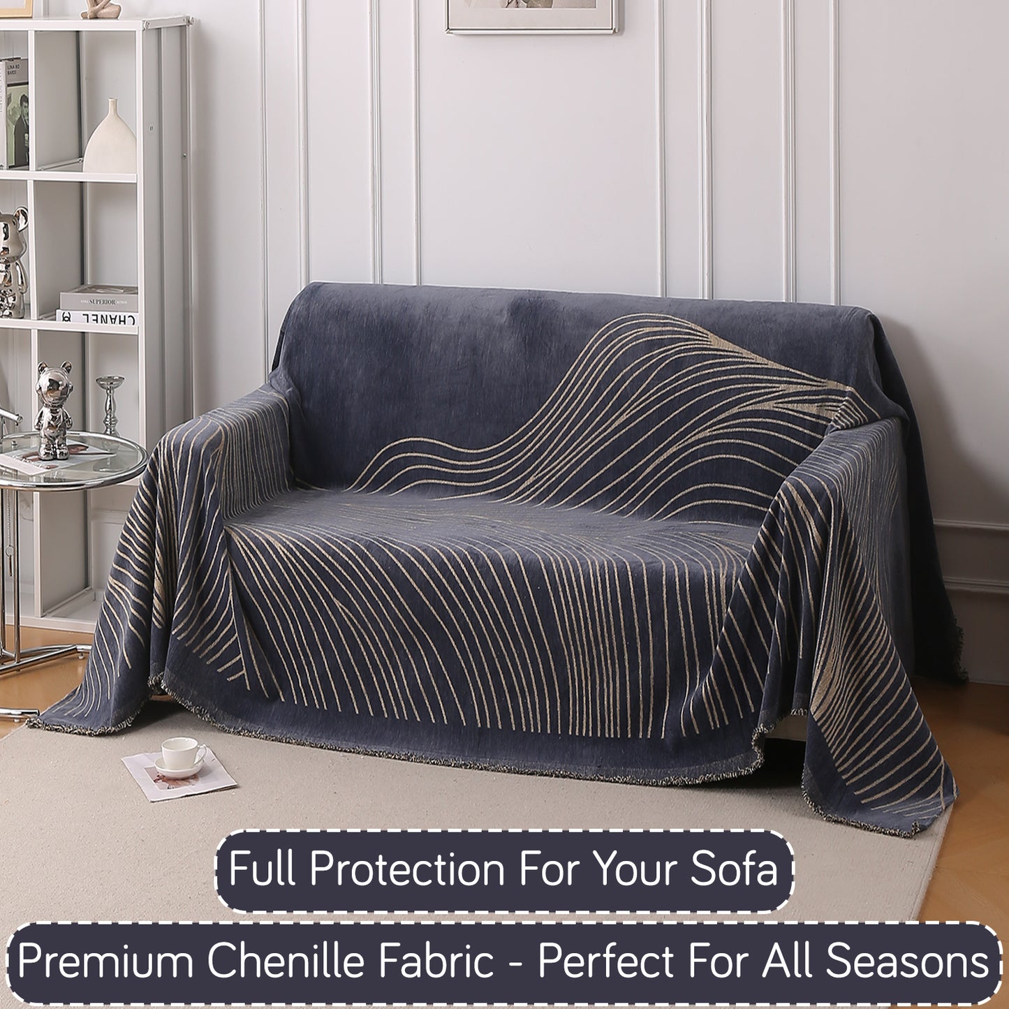 WaveLoom Collection Printed Chenille Sofa Cover Throw Blanket, Dark Grey