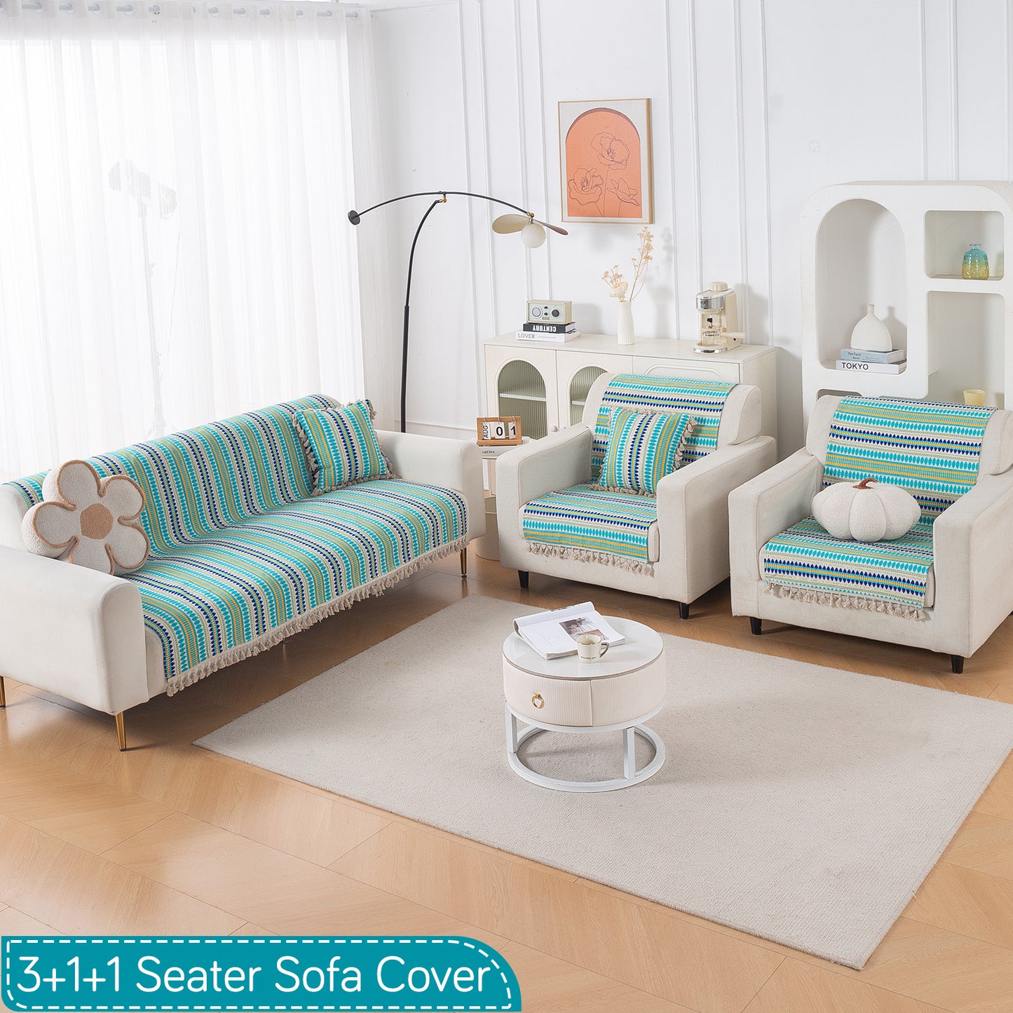 Artisan Boho Series 5-Seater Sofa Cover with Tassels (3+1+1), Aqua Blue