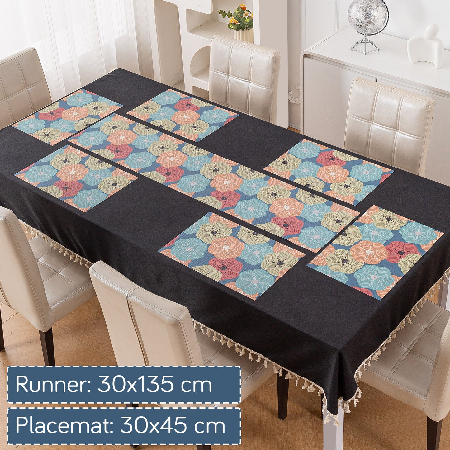 Color Splash PVC Mats for Dining Table, Floral Wheel - Teal Blue