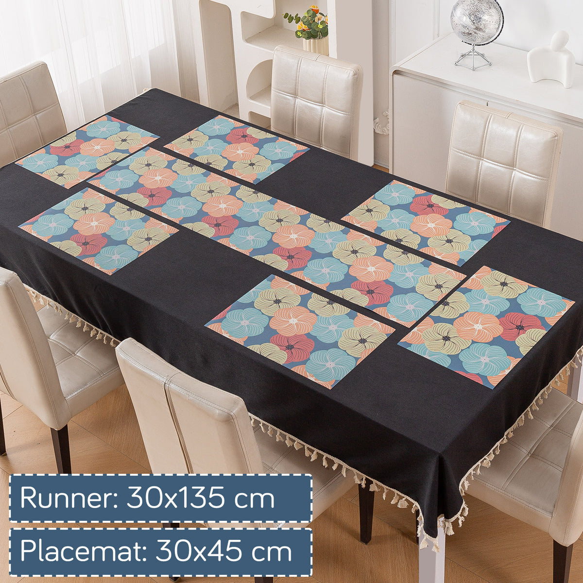 Color Splash PVC Mats for Dining Table, Floral Wheel - Teal Blue