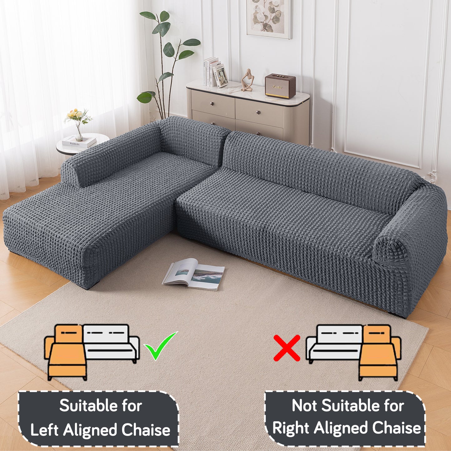 Aria Nova Bubble 2-Piece Stretchable L Shape Sofa Cover with Left Chaise, Dark Grey