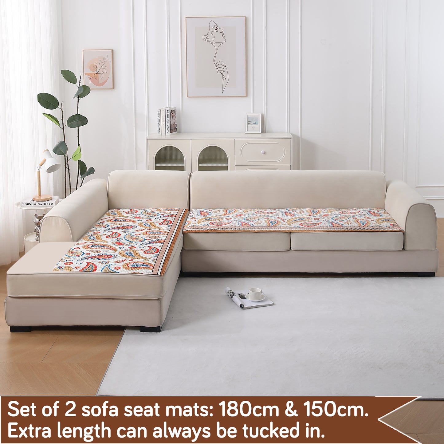 LiefNest Printed Holland Velvet L Shape Sofa Seat Mat with Foam Filling - Paisley Multicolor