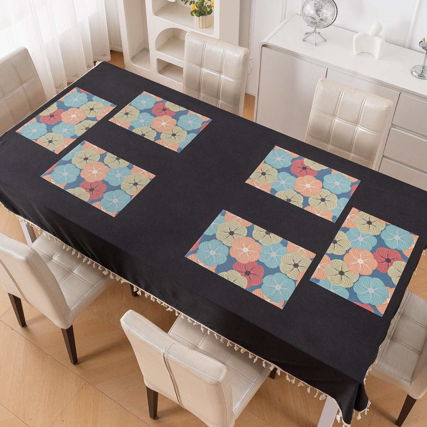 Color Splash PVC Mats for Dining Table, Floral Wheel - Teal Blue