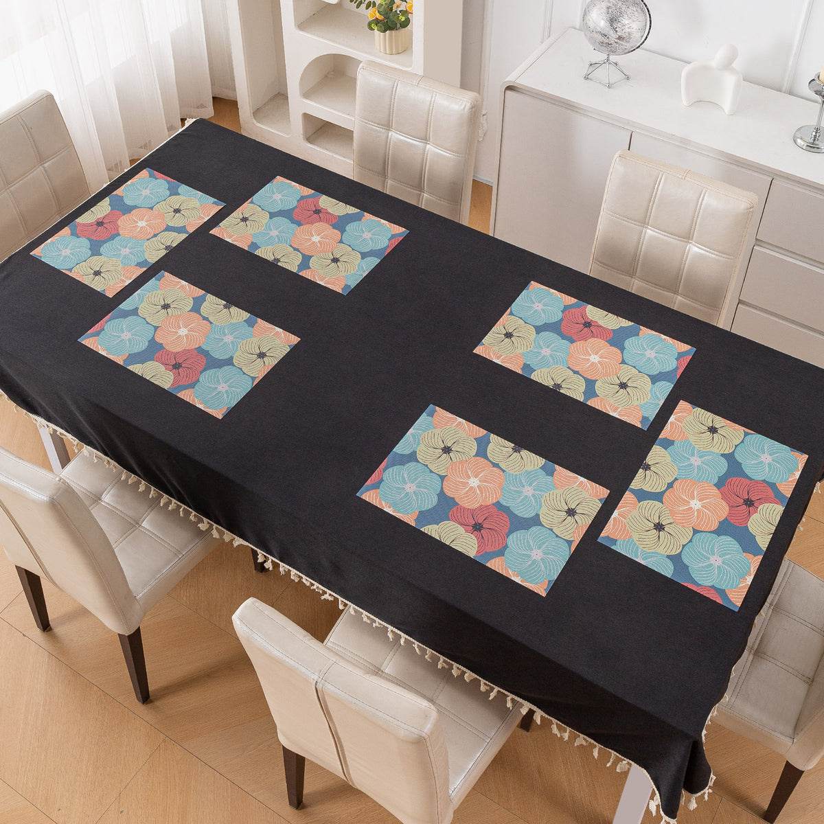 Color Splash PVC Mats for Dining Table, Floral Wheel - Teal Blue