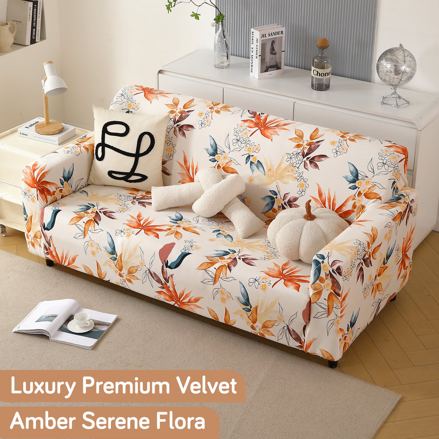 Premium Printed Velvet Sofa Cover 1/2/3 Seaters Fully Covered, Amber Serene Flora