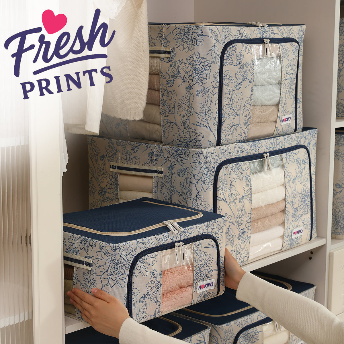 Foldable Cloth Storage Organizer for Wardrobe, Blue Blossom