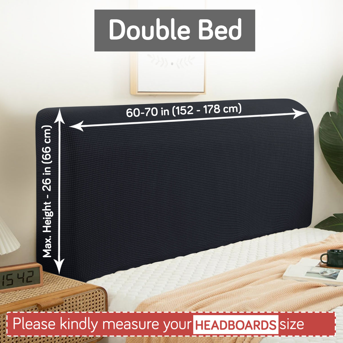 Buy Black Colour Double bed headboard cover with stretchable jacquard, fits 152–178 cm width and 66 cm height | HOKIPO