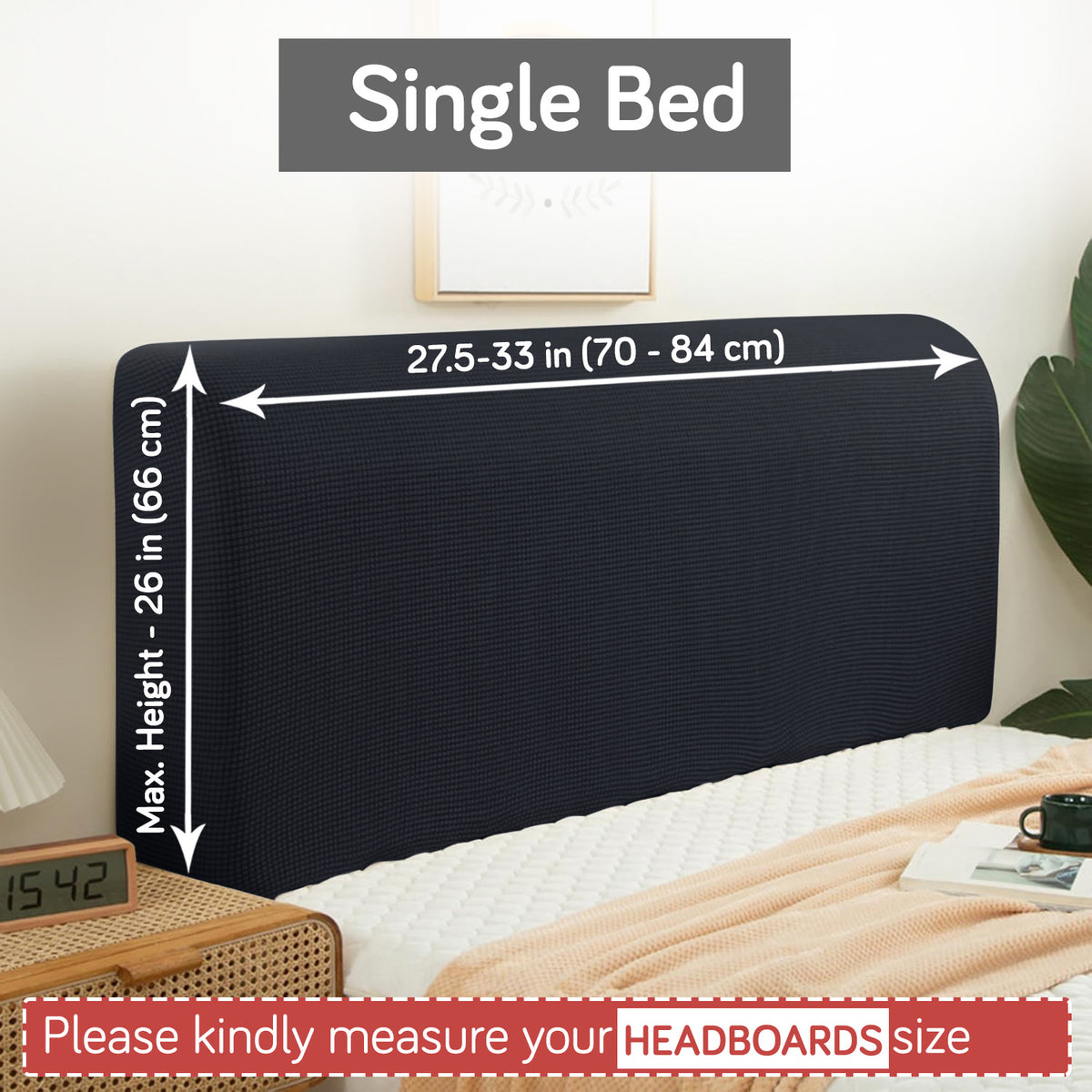 Buy Black Colour single bed headboard cover with stretchable jacquard, fits 70–84 cm width and 66 cm height | HOKIPO