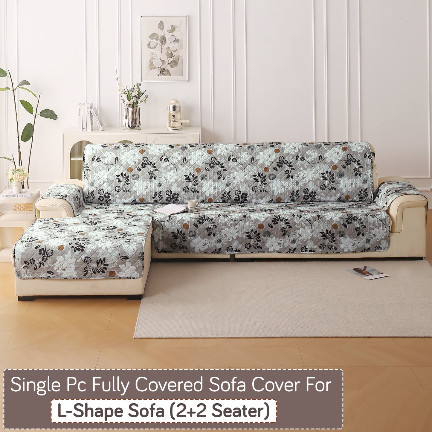 Elira Series Quilted One-Piece L Shape Sofa Cover Mat with Left and Right Chaise, Feather Brown Floral