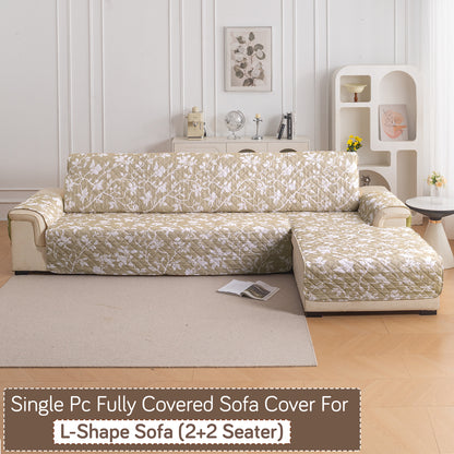 Elira Series Quilted One-Piece L Shape Sofa Cover Mat with Left and Right Chaise, Buff Brown Sillehoute Floral