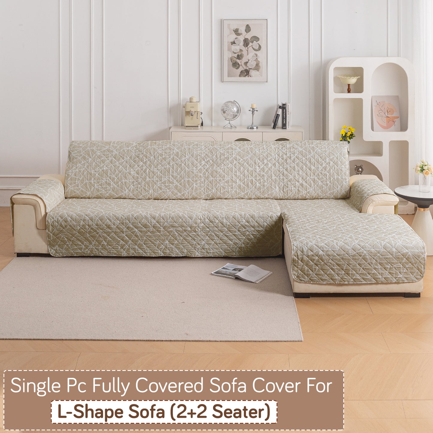 Elira Series Quilted One-Piece L Shape Sofa Cover Mat with Left and Right Chaise, Beige Abstract Geometry