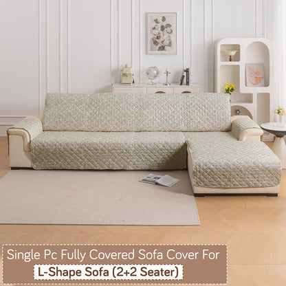Elira Series Quilted One-Piece L Shape Sofa Cover Mat with Left and Right Chaise, Beige Abstract Geometry