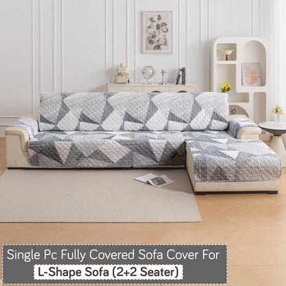 Elira Series Quilted One-Piece L Shape Sofa Cover Mat with Left and Right Chaise, Snow White Black Geometry