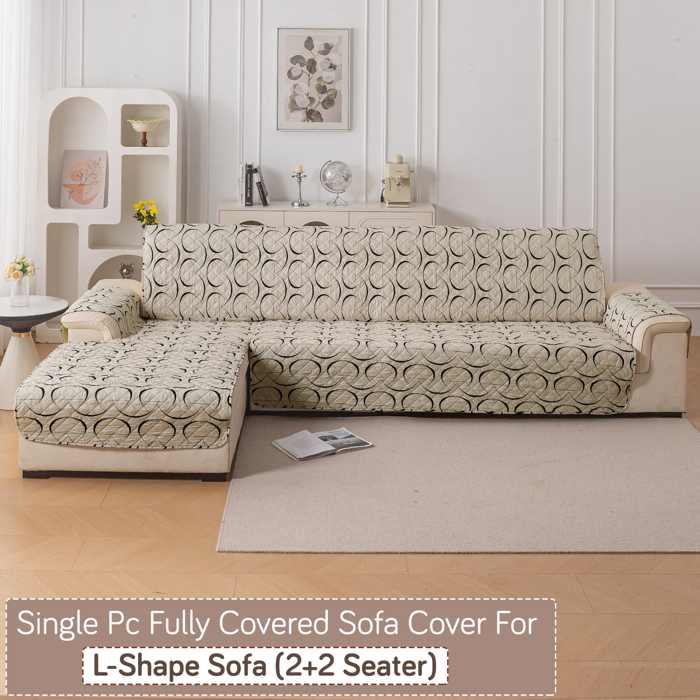 Elira Series Quilted One-Piece L Shape Sofa Cover Mat with Left and Right Chaise, Natural Beige Abstract Art