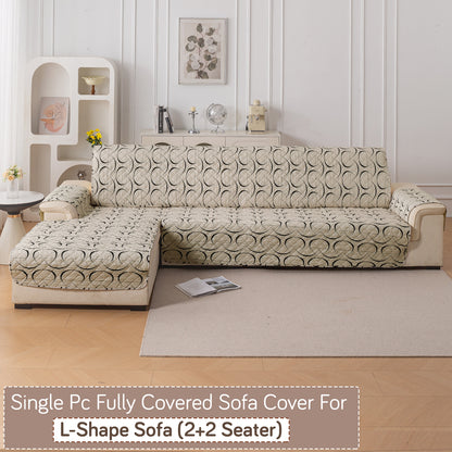 Elira Series Quilted One-Piece L Shape Sofa Cover Mat with Left and Right Chaise, Natural Beige Abstract Art