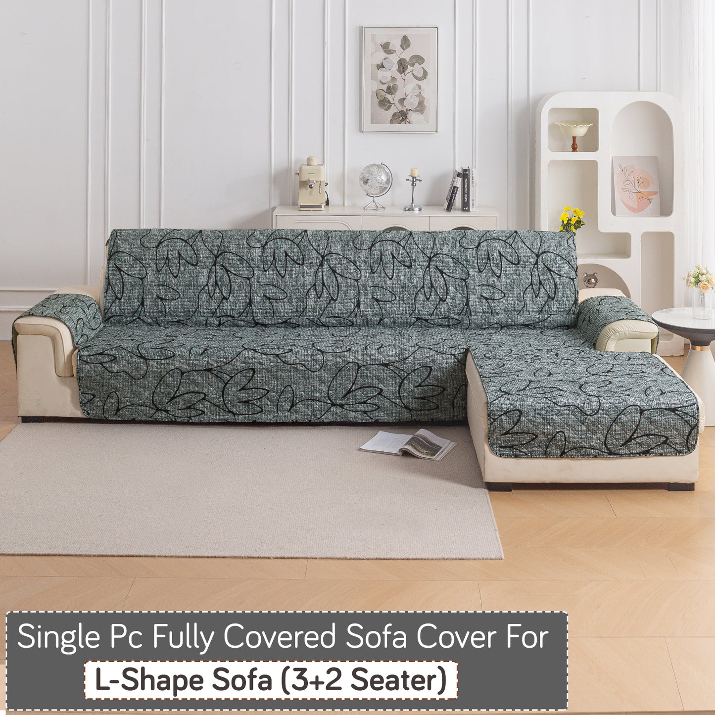 Elira Series Quilted One-Piece L Shape Sofa Cover Mat with Left and Right Chaise, Intense Grey Abstract Floral