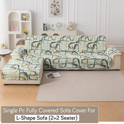 Elira Series Quilted One-Piece L Shape Sofa Cover Mat with Left and Right Chaise, Parchement Beige Abstract Art