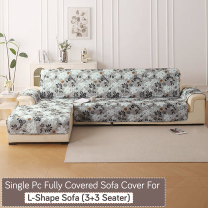 Elira Series Quilted One-Piece L Shape Sofa Cover Mat with Left and Right Chaise, Feather Brown Floral