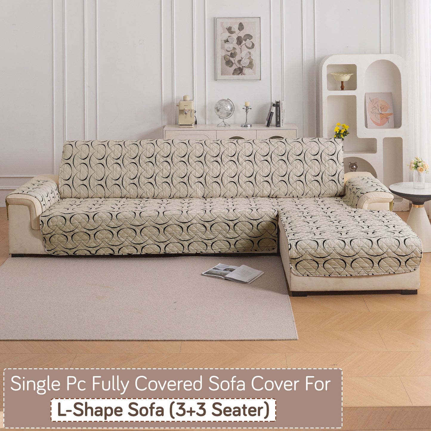 Elira Series Quilted One-Piece L Shape Sofa Cover Mat with Left and Right Chaise, Natural Beige Abstract Art