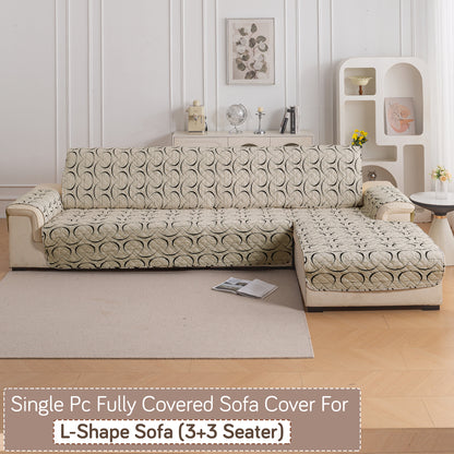 Elira Series Quilted One-Piece L Shape Sofa Cover Mat with Left and Right Chaise, Natural Beige Abstract Art