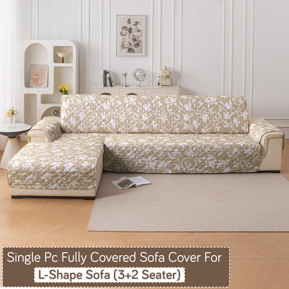 Elira Series Quilted One-Piece L Shape Sofa Cover Mat with Left and Right Chaise, Buff Brown Sillehoute Floral