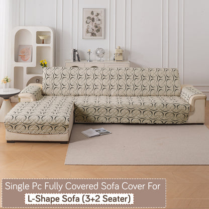 Elira Series Quilted One-Piece L Shape Sofa Cover Mat with Left and Right Chaise, Natural Beige Abstract Art