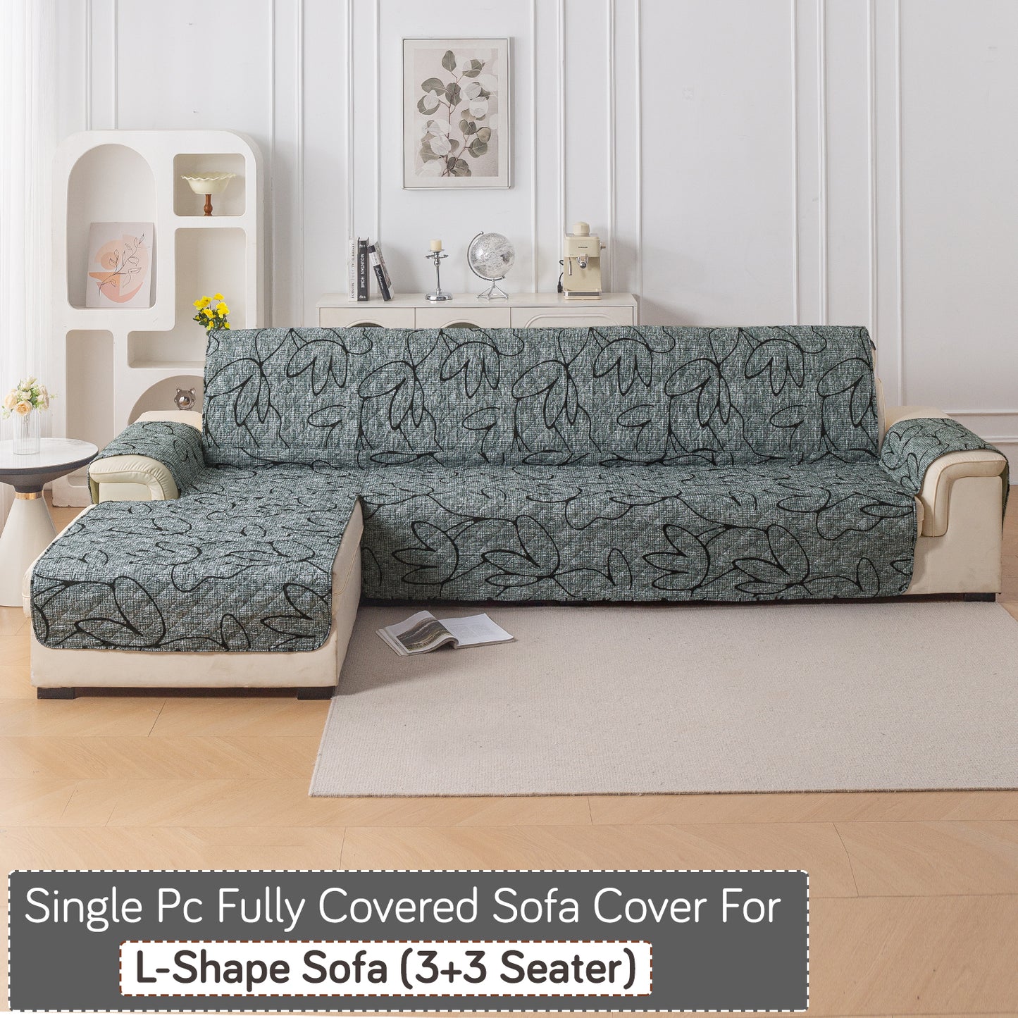 Elira Series Quilted One-Piece L Shape Sofa Cover Mat with Left and Right Chaise, Intense Grey Abstract Floral