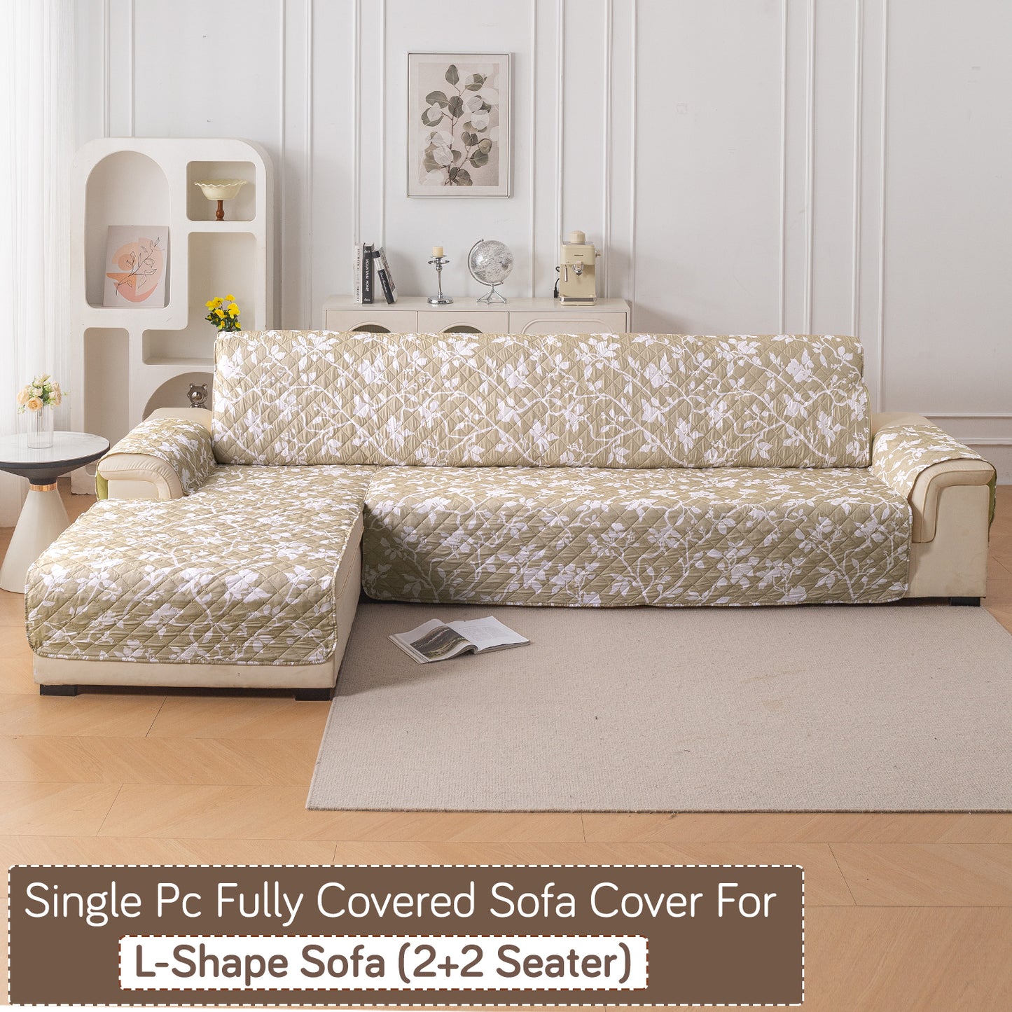 Elira Series Quilted One-Piece L Shape Sofa Cover Mat with Left and Right Chaise, Buff Brown Sillehoute Floral