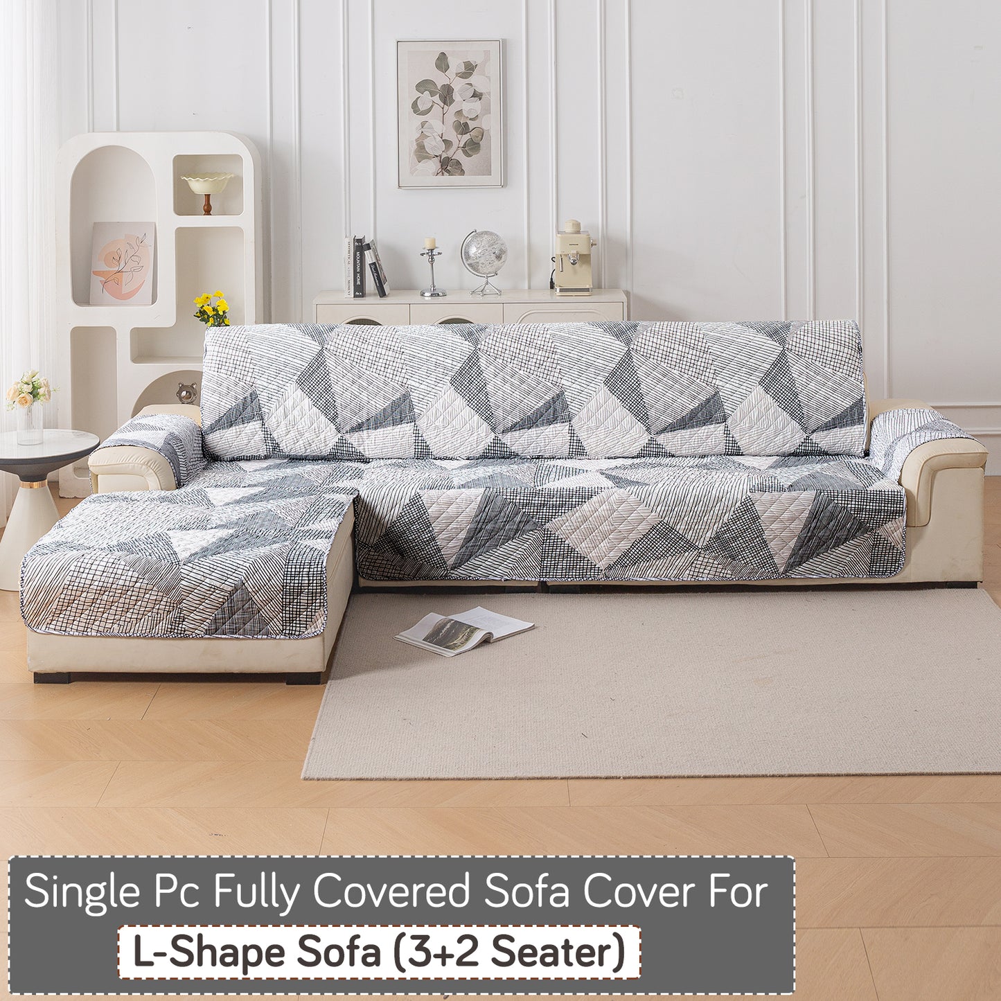 Elira Series Quilted One-Piece L Shape Sofa Cover Mat with Left and Right Chaise, Snow White Black Geometry