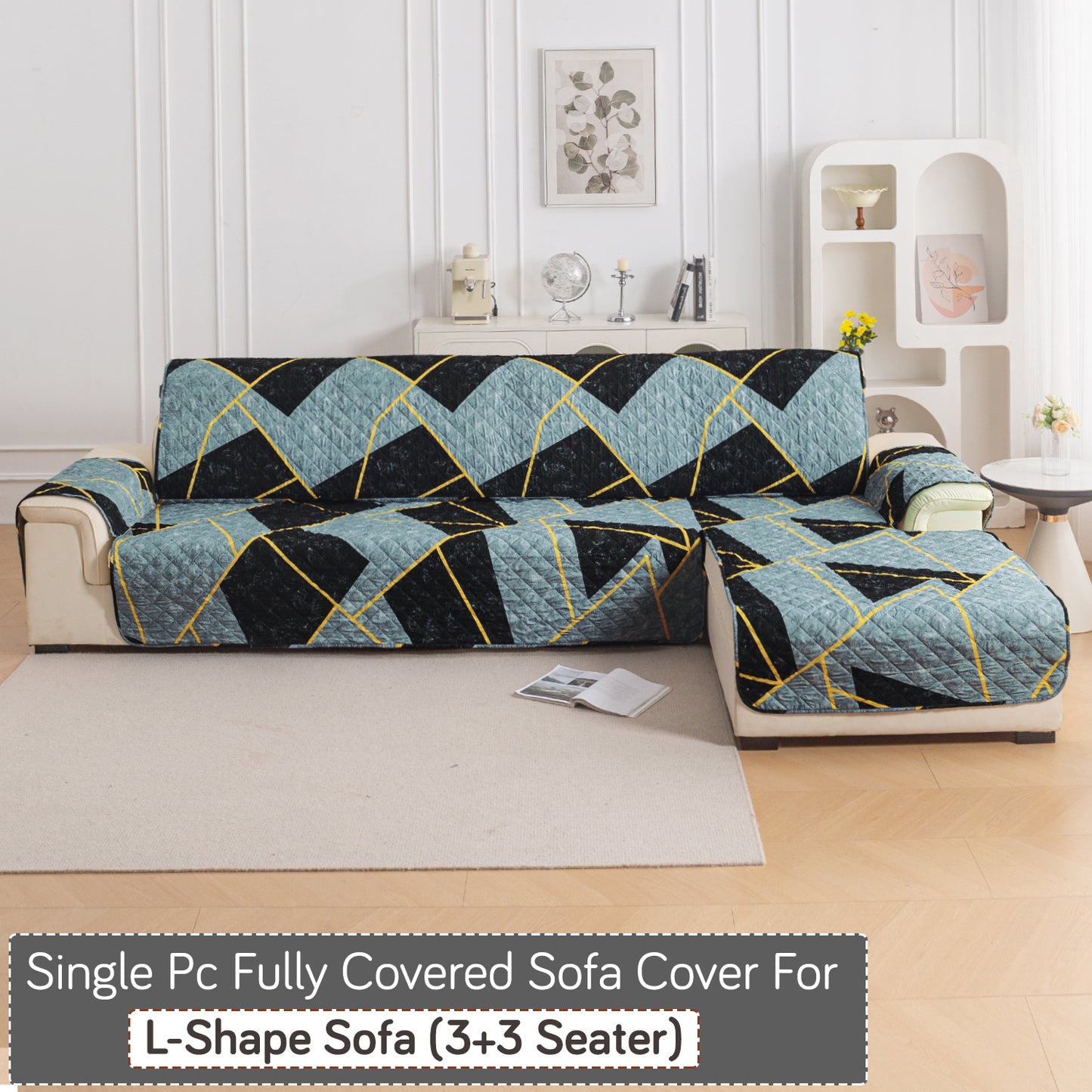 Elira Series Quilted One-Piece L Shape Sofa Cover Mat with Left and Right Chaise, Multicolor Abstract Geometry